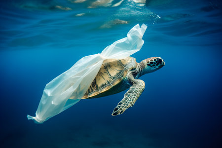 Turtle trapped in plastic garbage floating in the North Pacific, underwater photography. The concept of an ecological disaster caused by plastic garbage. generative aiの素材
