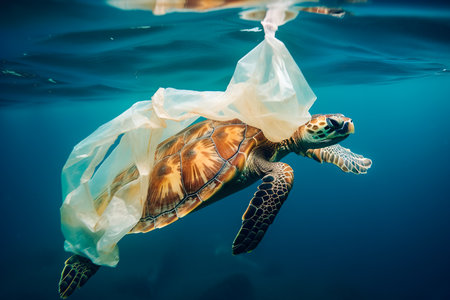 Turtle trapped in plastic garbage floating in the North Pacific, underwater photography. The concept of an ecological disaster caused by plastic garbage. generative aiの素材