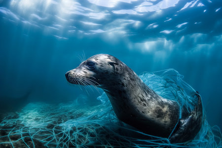 A baby seal trapped in plastic debris floating in the North Pacific, underwater photography. The concept of an ecological disaster caused by plastic garbage. Generative aiの素材
