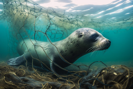 A baby seal trapped in plastic debris floating in the North Pacific, underwater photography. The concept of an ecological disaster caused by plastic garbage. Generative aiの素材
