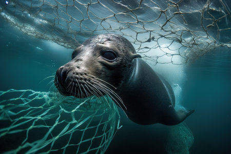 A baby seal trapped in plastic debris floating in the North Pacific, underwater photography. The concept of an ecological disaster caused by plastic garbage. Generative aiの素材