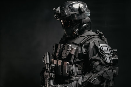 A prototype of a modern black military police uniform for special units. The concept of futuristic military solutions shows the future of armaments. generative aiの素材