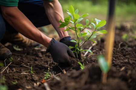 A gardener in gloves plants young tree seedlings into the ground. The concept of spring and the beginning of work in the garden. Generative aiの素材