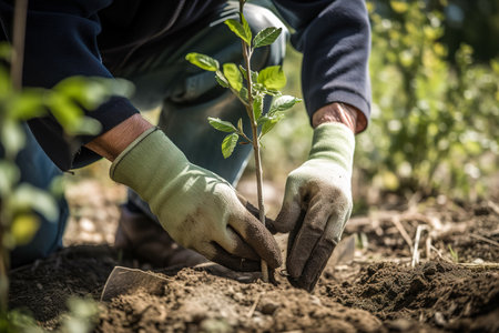 A gardener in gloves plants young tree seedlings into the ground. The concept of spring and the beginning of work in the garden. Generative aiの素材