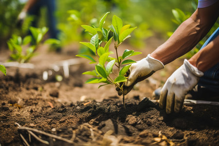 A gardener in gloves plants young tree seedlings into the ground. The concept of spring and the beginning of work in the garden. Generative aiの素材