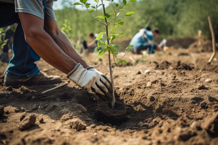A gardener in gloves plants young tree seedlings into the ground. The concept of spring and the beginning of work in the garden. Generative aiの素材
