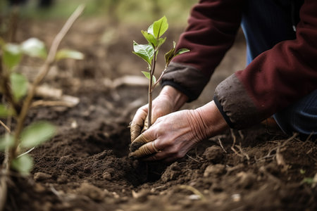 A gardener in gloves plants young tree seedlings into the ground. The concept of spring and the beginning of work in the garden. Generative aiの素材