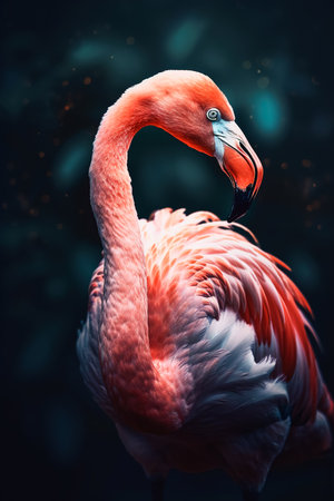A beautiful exotic bird, a long-necked pink flamingo standing proudly in the water against a dark background with a leaf pattern. Generative aiの素材