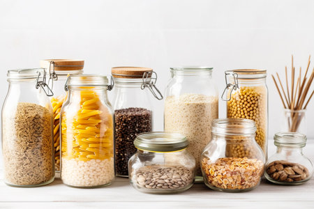 Photo of jars filled with assorted food items for meal preparation or storage. Generative aiの素材