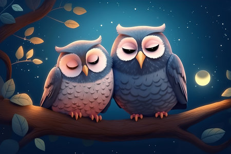 Cute owls sitting on a tree branch at night with a full moon. Generative aiの素材