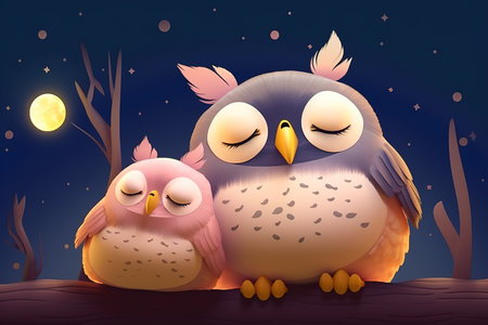 Cute owls sitting on a tree branch at night with a full moon. Generative aiの素材