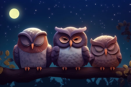 Cute owls sitting on a tree branch at night with a full moon. Generative aiの素材