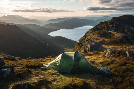 A tourist tent pitched on top of a mountain at sunrise. Tourism and physical activity concept. Generative aiの素材