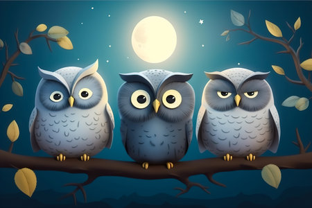 Cute owls sitting on a tree branch at night with a full moon. Generative aiの素材