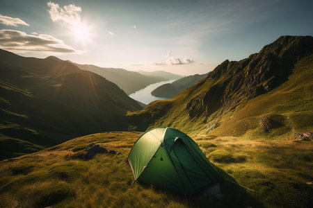 A tourist tent pitched on top of a mountain at sunrise. Tourism and physical activity concept. Generative aiの素材