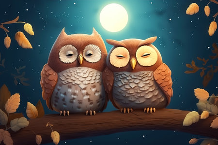 Cute owls sitting on a tree branch at night with a full moon. Generative aiの素材