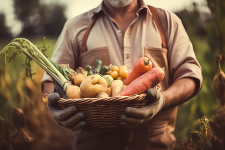 A man, a gardener holding and showing his organic vegetable and fruit crops. The concept of healthy eating and self-growing healthy food. Generative aiの素材
