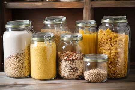 Photo of jars filled with assorted food items for meal preparation or storage. Generative aiの素材