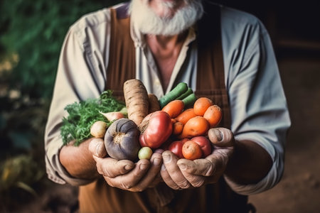A man, a gardener holding and showing his organic vegetable and fruit crops. The concept of healthy eating and self-growing healthy food. Generative aiの素材