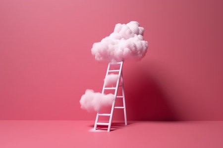 Step ladder leading to the clouds. Goal achievement, development and spirituality concept. Minimal composition in Viva Magenta colors. Generative aiの素材