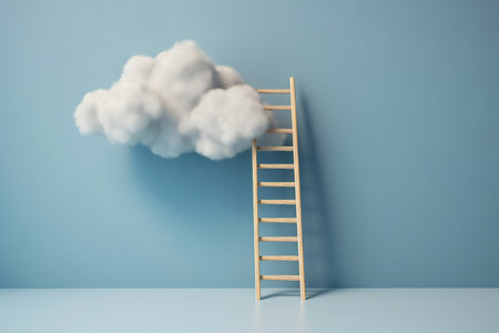 Step ladder leading to the clouds. Goal achievement, development and spirituality concept. Minimal blue composition in expressive colors. Generative aiの素材