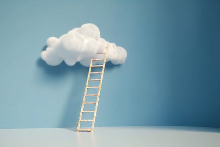 Step ladder leading to the clouds. Goal achievement, development and spirituality concept. Minimal blue composition in expressive colors. Generative aiの素材