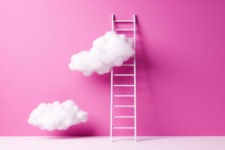 Step ladder leading to the clouds. Goal achievement, development and spirituality concept. Minimal composition in Viva Magenta colors. Generative aiの素材
