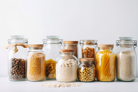 Photo of jars filled with assorted food items for meal preparation or storage. Generative aiの素材
