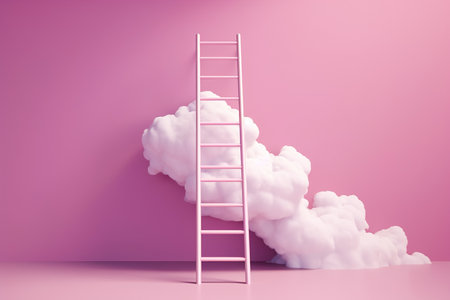 Step ladder leading to the clouds. Goal achievement, development and spirituality concept. Minimal composition in Viva Magenta colors. Generative aiの素材