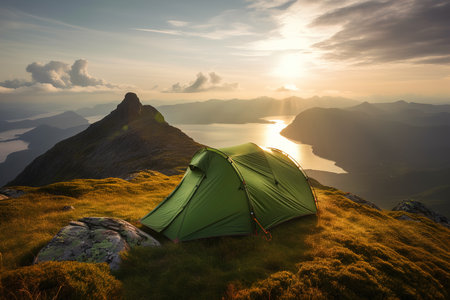 A tourist tent pitched on top of a mountain at sunrise. Tourism and physical activity concept. Generative aiの素材