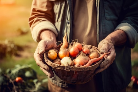 A man, a gardener holding and showing his organic vegetable and fruit crops. The concept of healthy eating and self-growing healthy food. Generative aiの素材