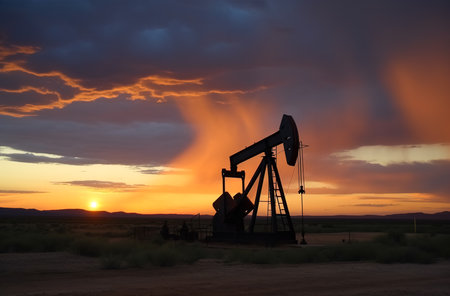 Oil field at sunset, extraction of oil or other natural resources from the ground. Generative aiの素材
