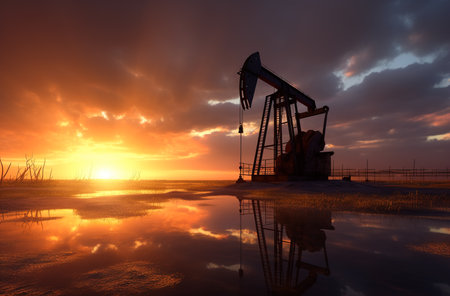 Oil field at sunset, extraction of oil or other natural resources from the ground. Generative aiの素材