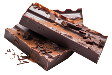 Delicious chocolate bars scattered on the table, white background. Generative aiDelicious chocolate bars scattered on the table, white background. Generative aiの素材