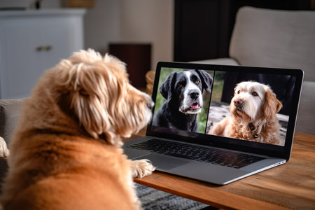Dogs talking with friends on a video conference on a laptop. The concept of business meetings and remote assistance via the Internet. Generative aiの素材