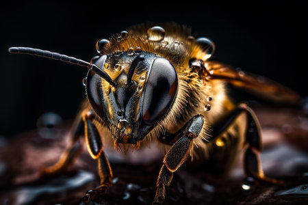 Very close and detailed macro portrait of a bee covered in nectar and honey against a dark background. Generative aiの素材
