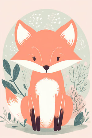 A cute red fox sitting in a forest glade, illustration for children made in Scandinavian style, perfect for a poster. Generative aiの素材