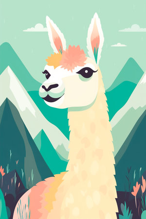 Cute llama, alpaca standing among flowers and plants, illustration for children made in Scandinavian style, perfect for a poster. Generative aiの素材