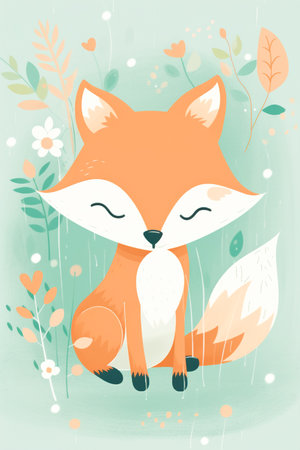 A cute red fox sitting in a forest glade, illustration for children made in Scandinavian style, perfect for a poster. Generative aiの素材