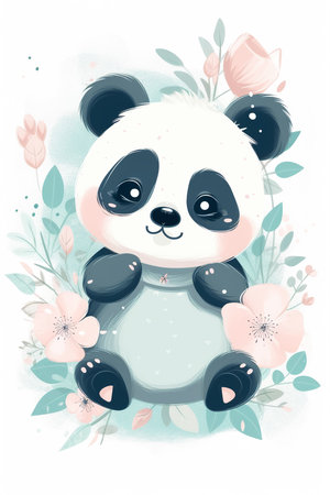 Cute panda bear sitting among flowers and plants, Scandinavian style children's illustration perfect for a poster. Generative aiの素材
