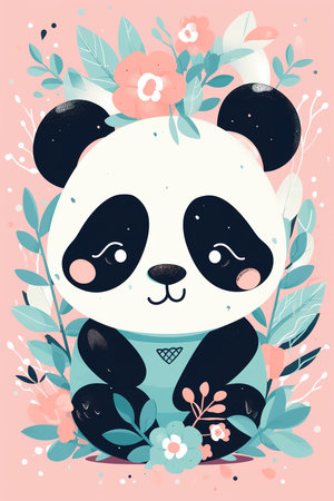 Cute panda bear sitting among flowers and plants, Scandinavian style children's illustration perfect for a poster. Generative aiの素材