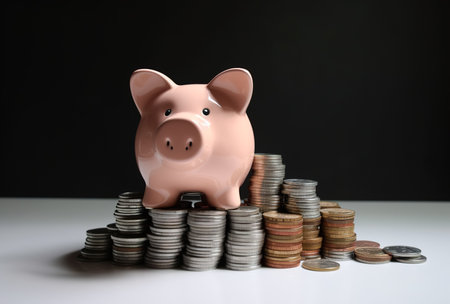 Porcelain piggy bank standing on scattered coins. The concept of saving money and high prices in stores. Generative aiの素材