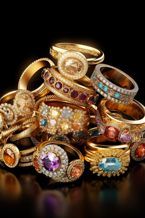Rings made of gold and rubies lying on a black background. The concept of wealth or jewelry making by Jeweler. Generative aiの素材