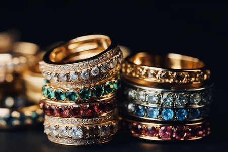 Rings made of gold and rubies lying on a black background. The concept of wealth or jewelry making by Jeweler. Generative aiの素材