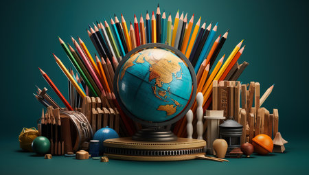 back to school, globe and crayons on the school deskの素材