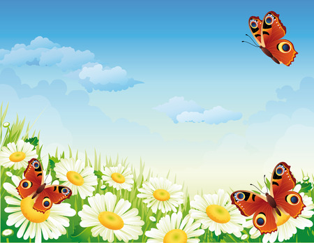 Vector illustration - landscape whis butterfly and flowersのイラスト素材