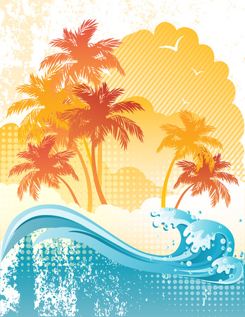 Vector illustration - grunge background with palm trees のイラスト素材