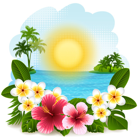 Vector illustration - tropical landscape with flowersのイラスト素材