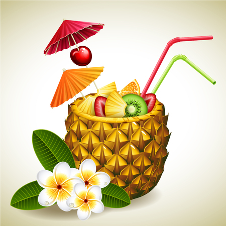Vector illustration - pineapple tropical cocktail and flowersのイラスト素材