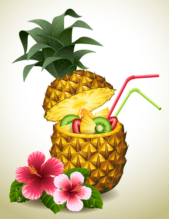 Vector illustration - pineapple tropical cocktail and flowersのイラスト素材
